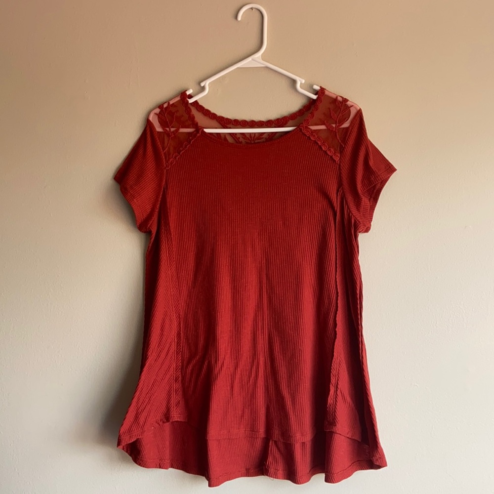 Large, Lacy Back, Orange-Red Blouse